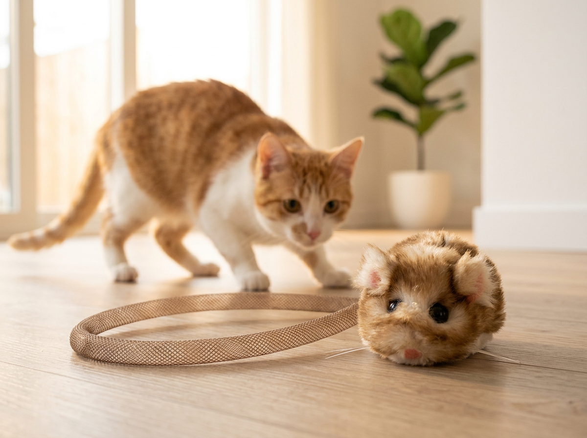 Cat about to pounce on the MouseChase mouse toy